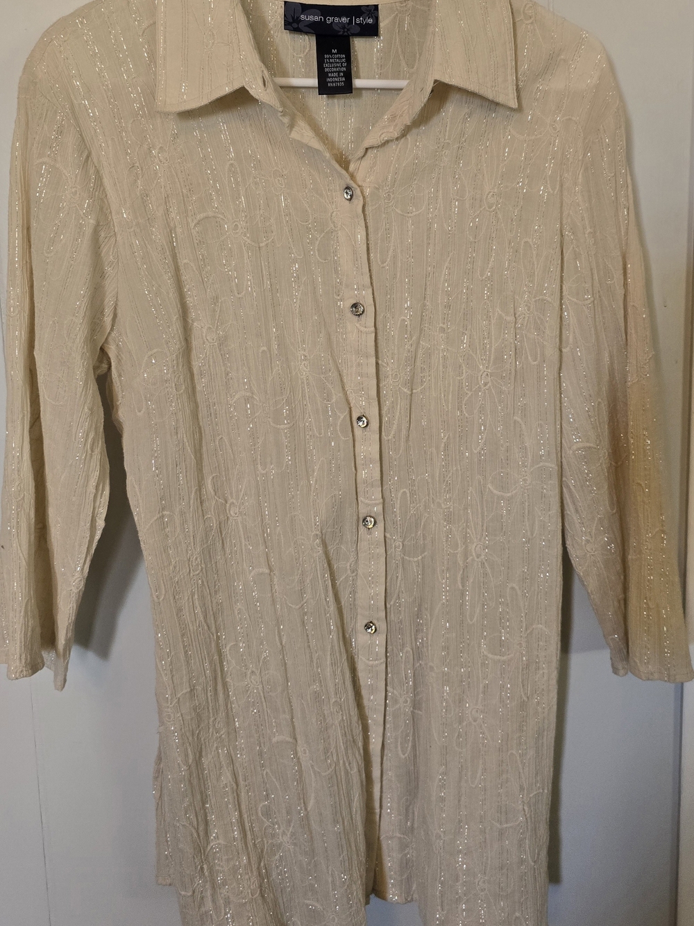 Susan Graver Cream Embellished Button-Front Tunic With Silver Metallic Threads